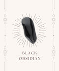 Black obsidian meaning card front showing glossy black tumbled stone on cream mystical bordered card — Fragrant Heaven