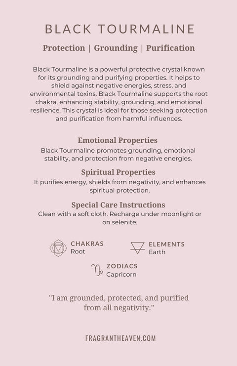 Black tourmaline meaning card back showing properties, chakras and affirmation — Fragrant Heaven