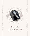 Black tourmaline meaning card front showing black tumbled stone on cream mystical bordered card — Fragrant Heaven