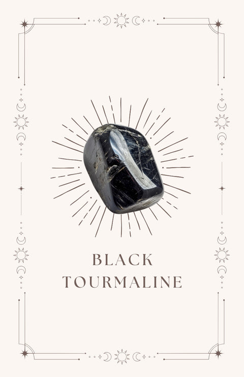 Black tourmaline meaning card front showing black tumbled stone on cream mystical bordered card — Fragrant Heaven