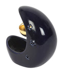 Back view of Blue Crescent Moon Hanging Oil Burner showing curved moon shape and cut-out stars.