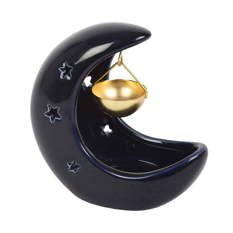 Front view of Blue Crescent Moon Hanging Oil Burner showing gold metal dish and star cut-outs.