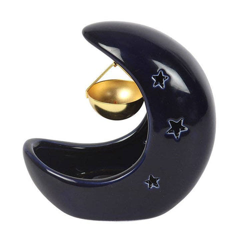 Side view of Blue Crescent Moon Hanging Oil Burner highlighting smooth ceramic finish.