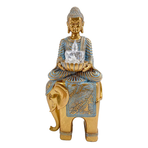 Buddha on elephant candle holder in gold and blue