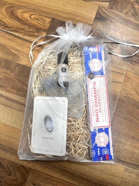 Calm Intention Gift Bag with Nag Champa incense, Lavender oil and Selenite crystal