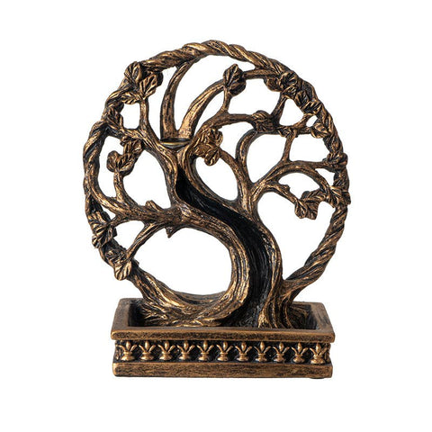 Celtic Tree Backflow Burner incense holder made from cold cast resin, featuring a circular Tree of Life design with detailed branches. Used with incense cones for meditation, relaxation, and creating a calming atmosphere.