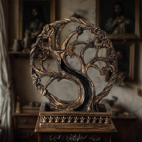 Celtic Tree Backflow Burner incense holder with ornate base, crafted from cold cast resin and featuring a circular Tree of Life design. Used with backflow incense cones for meditation, relaxation, and creating a calming atmosphere.