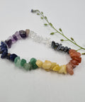 Chakra Balancing Crystal Chip Bracelet with vibrant gemstone chips on a white background.