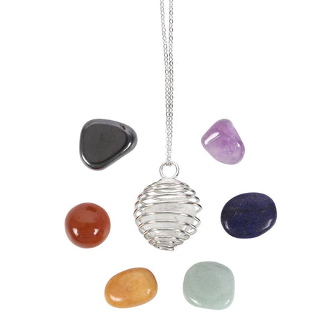 Chakra Gemstone Crystal Healing Necklace with seven chakra stones displayed around pendant