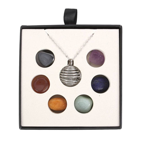 Open Chakra Necklace Gift Set showing pendant and seven tumbled gemstones