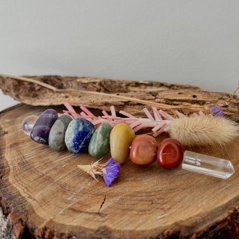 Chakra crystal wand with seven stones and clear quartz point for energy alignment and chakra balancing