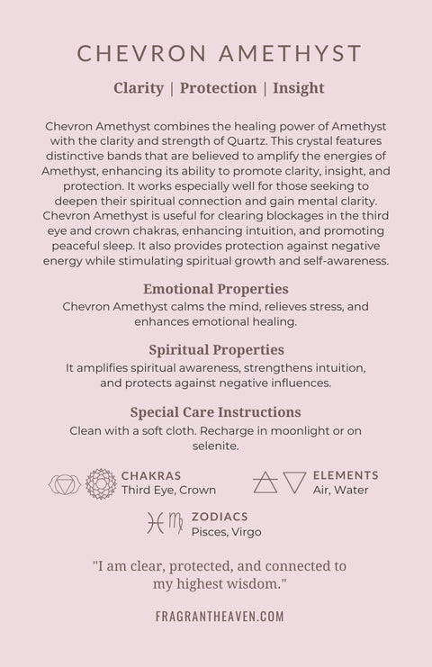 Chevron amethyst meaning card back showing properties, chakras and affirmation — Fragrant Heaven