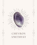 Chevron amethyst meaning card front showing purple and white banded tumbled stone on cream mystical bordered card — Fragrant Heaven