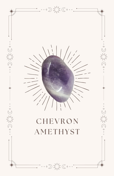 Chevron amethyst meaning card front showing purple and white banded tumbled stone on cream mystical bordered card — Fragrant Heaven