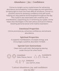 Citrine meaning card back showing properties, chakras and affirmation — Fragrant Heaven