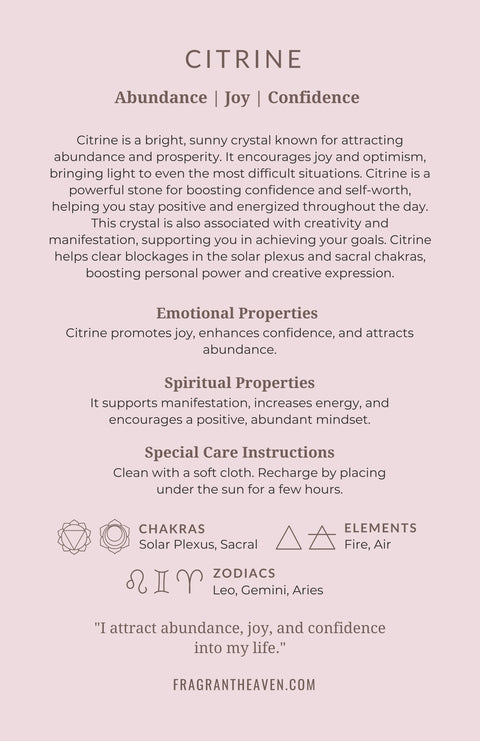 Citrine meaning card back showing properties, chakras and affirmation — Fragrant Heaven
