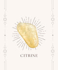 Citrine meaning card front showing yellow tumbled stone on cream mystical bordered card — Fragrant Heaven