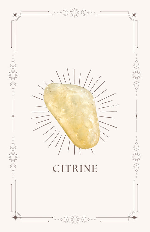 Citrine meaning card front showing yellow tumbled stone on cream mystical bordered card — Fragrant Heaven