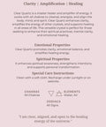 Clear quartz meaning card back showing properties, chakras and affirmation — Fragrant Heaven