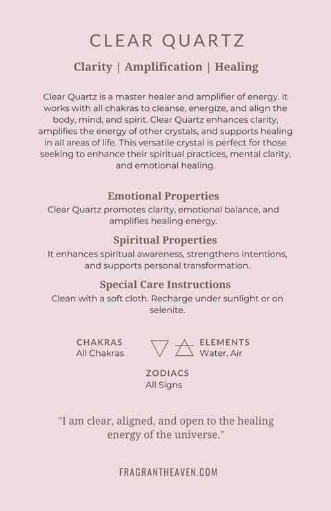 Clear quartz meaning card back showing properties, chakras and affirmation — Fragrant Heaven