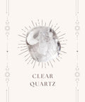 Clear quartz meaning card front showing clear translucent tumbled stone on cream mystical bordered card — Fragrant Heaven