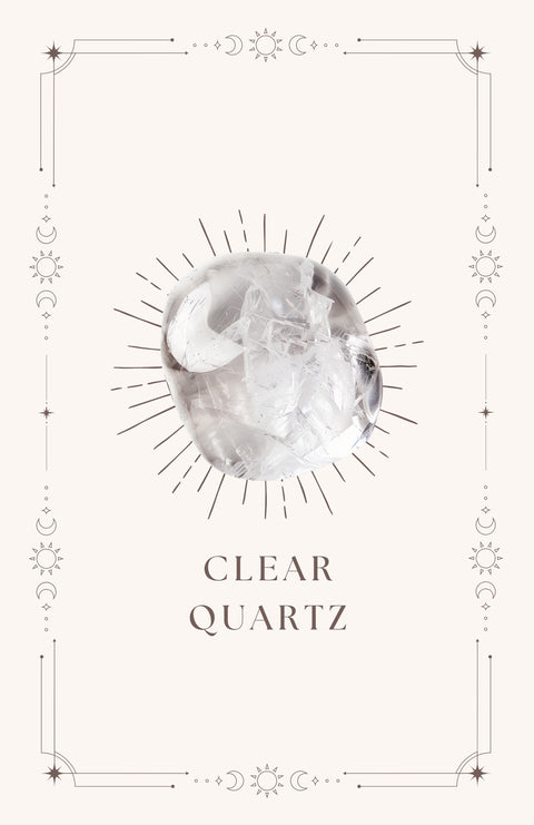 Clear quartz meaning card front showing clear translucent tumbled stone on cream mystical bordered card — Fragrant Heaven