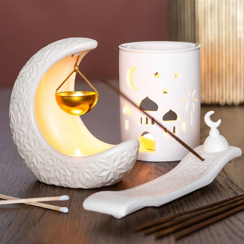 Crescent moon oil burner with incense holder and lantern