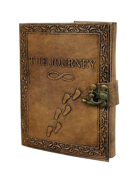 Embossed leather journal diary with the journey design and footprint detail on genuine leather cover