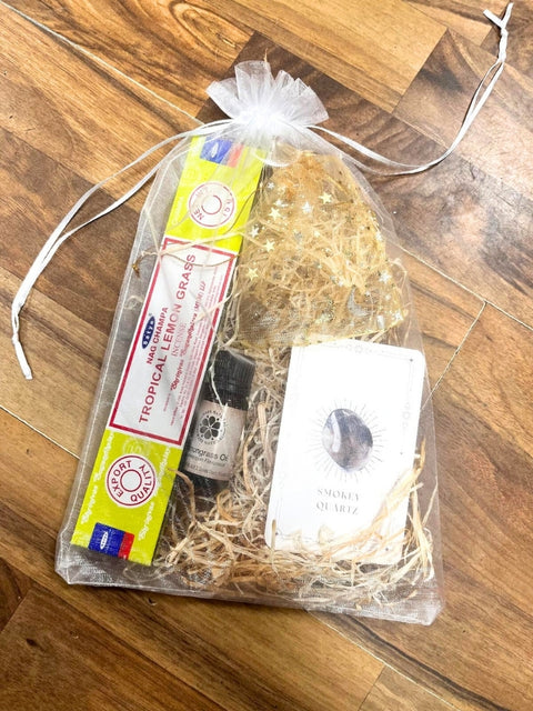 Energy Intention Gift Bag with Tropical Lemongrass incense, Lemongrass oil and Smoky Quartz crystal