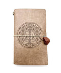 Esoteric 7 Chakras leatherette notebook with Flower of Life design and crystal charm, used for journaling, meditation notes, dream recording, and spiritual study.
