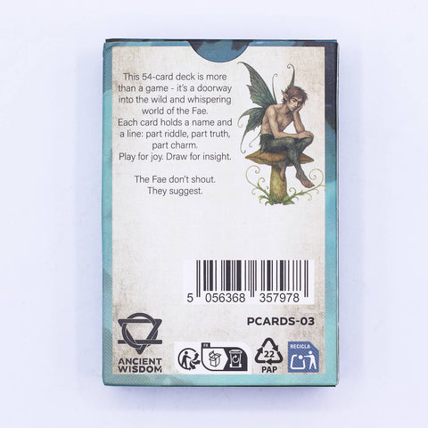 Back of Fae Realm Oracle Playing Cards box showing deck details and fairy illustration