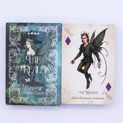 Fae Realm Oracle Playing Cards deck with example card featuring fairy figure and symbolic artwork