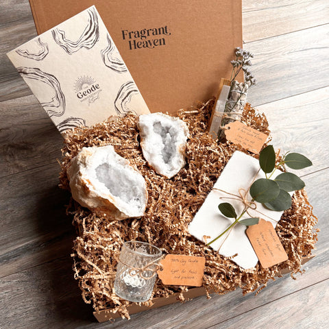 Geode Manifestation Set with quartz geode, ritual tools and intention guide