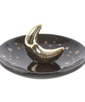 Close-up of Gold Crescent Moon Incense Holder showing black dish and celestial designs.