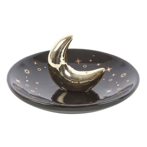 Close-up of Gold Crescent Moon Incense Holder showing black dish and celestial designs.
