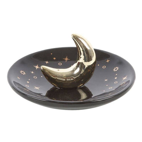Side view of Gold Crescent Moon Ceramic Incense Stick Holder highlighting metallic finish.