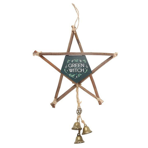 Green Witch Willow Pentagram with Bells Front View