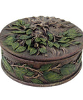 Greenman Box made from cold cast resin with a detailed leafy face design, symbolizing nature and renewal. Used for storing crystals, jewelry, or small keepsakes.