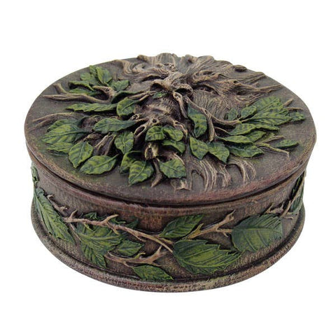 Greenman Box made from cold cast resin with a detailed leafy face design, symbolizing nature and renewal. Used for storing crystals, jewelry, or small keepsakes.