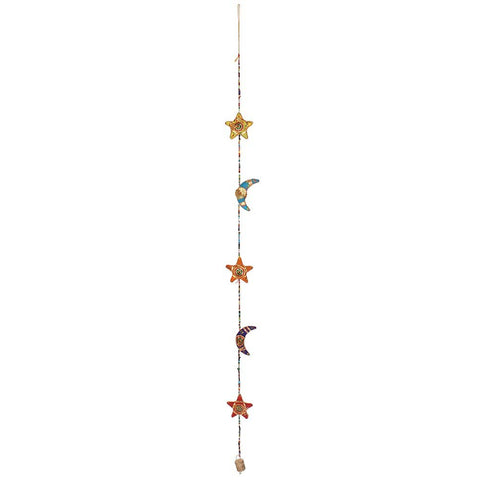 Full view of Hanging Moons and Stars decoration with multicoloured beads.
