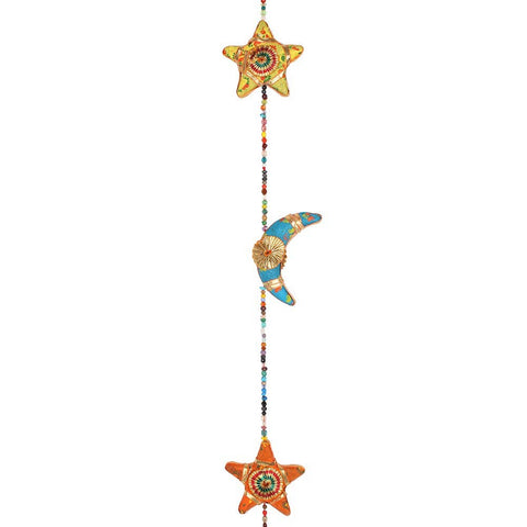 Hanging Moons and Stars with Bell featuring colourful handmade decorations.