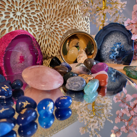Mixed healing crystals including rose quartz, lapis lazuli and agate — crystal collection at Fragrant Heaven Ireland