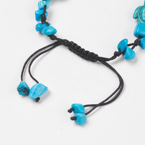 Fastener of Blue Howlite chip and turtle thread bracelet symbolising calm, protection, and wisdom. Adjustable cord design associated with the Throat Chakra.
