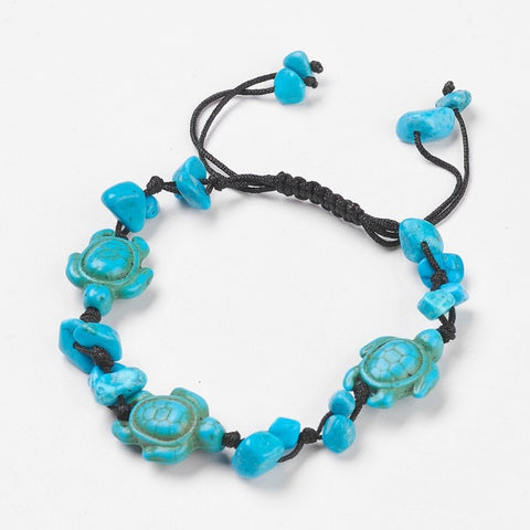 Blue Howlite chip and turtle thread bracelet symbolising calm, protection, and wisdom. Adjustable cord design associated with the Throat Chakra.