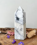 Howlite crystal tower point with white and grey veining for calm and mental clarity