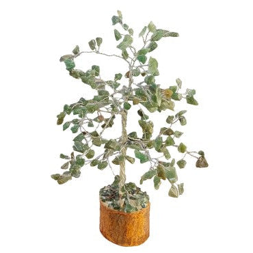 Jade healing crystal tree with green gemstone leaves on wooden base