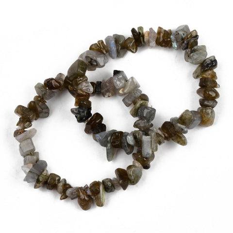 Two labradorite chip bracelets showing iridescent blue and green flash — Fragrant Heaven