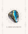 Labradorite meaning card front showing grey tumbled stone with iridescent blue flash on cream mystical bordered card — Fragrant Heaven