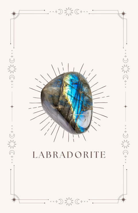 Labradorite meaning card front showing grey tumbled stone with iridescent blue flash on cream mystical bordered card — Fragrant Heaven