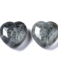 Two labradorite puff hearts showing vivid blue and green iridescent flash — Fragrant Heaven